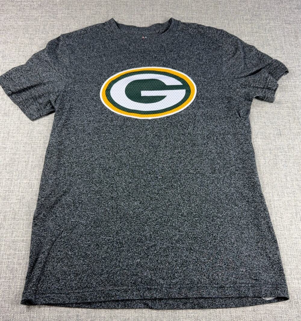 Green Bay Packers Majestic T Shirt Mens M Gray Heather NFL Logo Graphic Tee